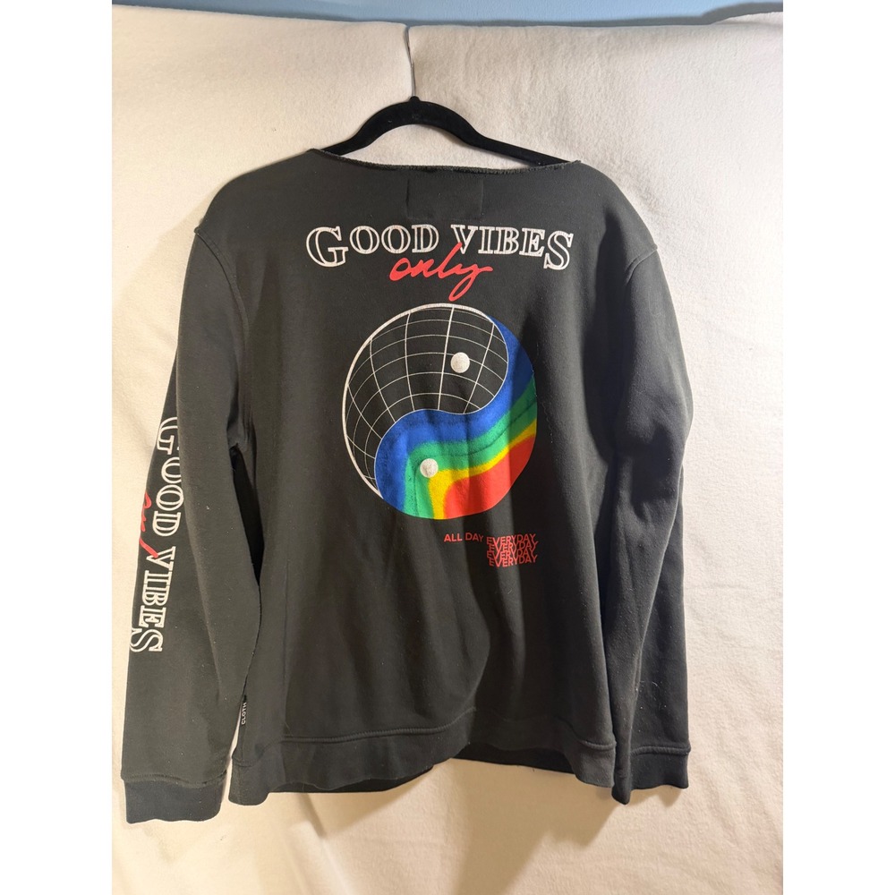 Brooklyn Cloth Mens Good Vibes Only Graphic Sweatshirt Black Raw Neck Large